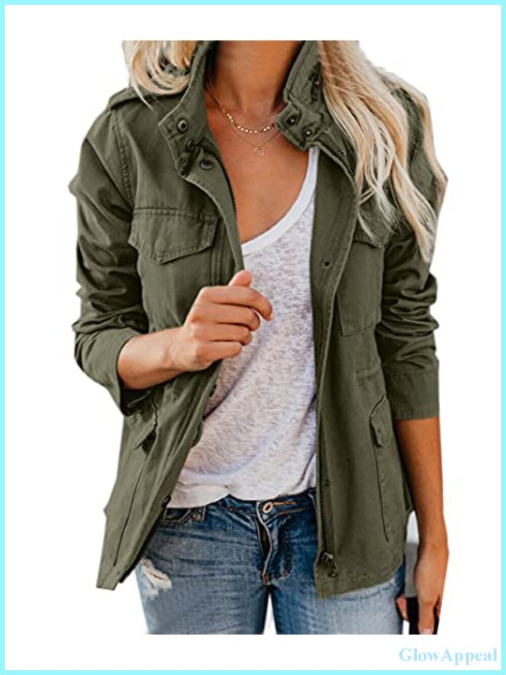 Women's Zip Up Military Utility Safari Jacket Stand Collar Cotton Fall